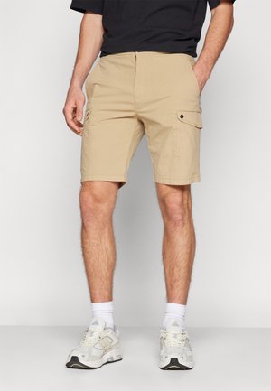 Beige Cargo-Shorts mit zwei Seitentaschen, flachem Bund und geradem Schnitt. Hergestellt aus leichtem Stoff, geeignet für lässige Outfits.