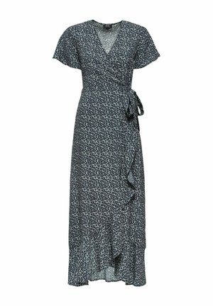 Niebieska kwiecista sukienka zapinana na węzeł z krótkimi falbaniastymi rękawami, dekoltem w kształcie litery V, paskiem w talii oraz falbaniastym dołem, wykonana z lekkiego materiału.