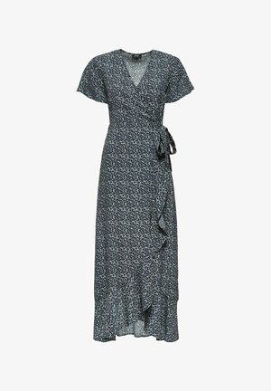 Niebieska kwiecista sukienka zapinana na węzeł z krótkimi falbaniastymi rękawami, dekoltem w kształcie litery V, paskiem w talii oraz falbaniastym dołem, wykonana z lekkiego materiału.