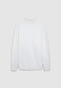 Maglione bianco a collo alto con maniche lunghe, polsini e orlo a coste. Tessuto morbido, design minimal, mostrato dal retro.