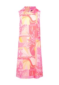 Robe sans manches présentant un mélange de motifs roses et jaunes, avec un col montant et une coupe ample, fabriquée en tissu léger.