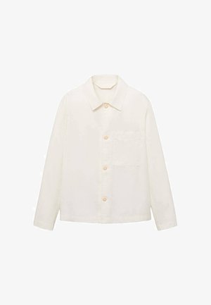 Long-sleeve button-up shirt in off-white fabric, featuring a collar, single chest pocket, five buttons, and a relaxed fit.
