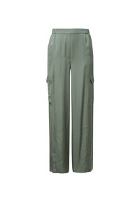 Gröna cargobyxor med avslappnad passform, elastisk midja, sidofickor och lätt, slät textur. Lämpliga för avslappnad användning.