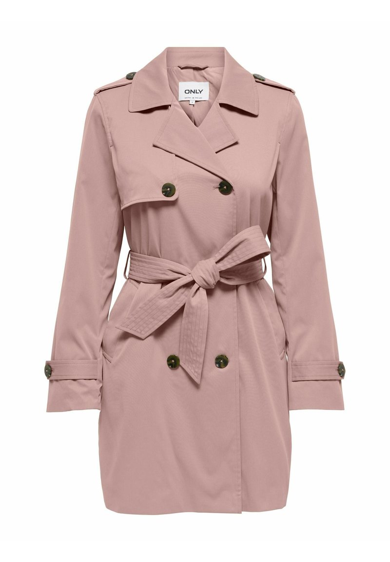 Trench-coat pour femme couleur mauve clair avec boutons croisés, taille ceinturée, épaulettes et bracelets de poignet.