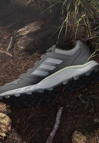 Chaussure de trail grise et noire avec trois bandes blanches, semelle crantée, reposant sur le sol forestier avec des feuilles, des brindilles et de l'herbe.