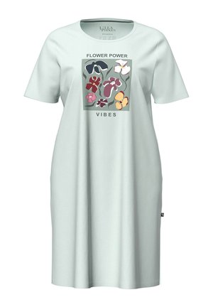 Hellblaues Kleid mit kurzen Ärmeln, mit floralem Druck und dem Schriftzug "FLOWER POWER VIBES" auf der Brust.