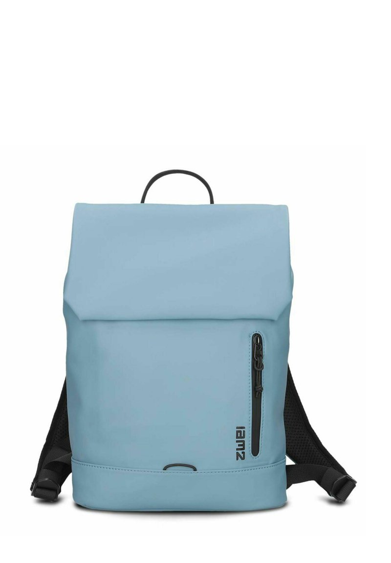 Light blue backpack made of waterproof material with a roll-top design, side zipper pocket, and black shoulder straps.
