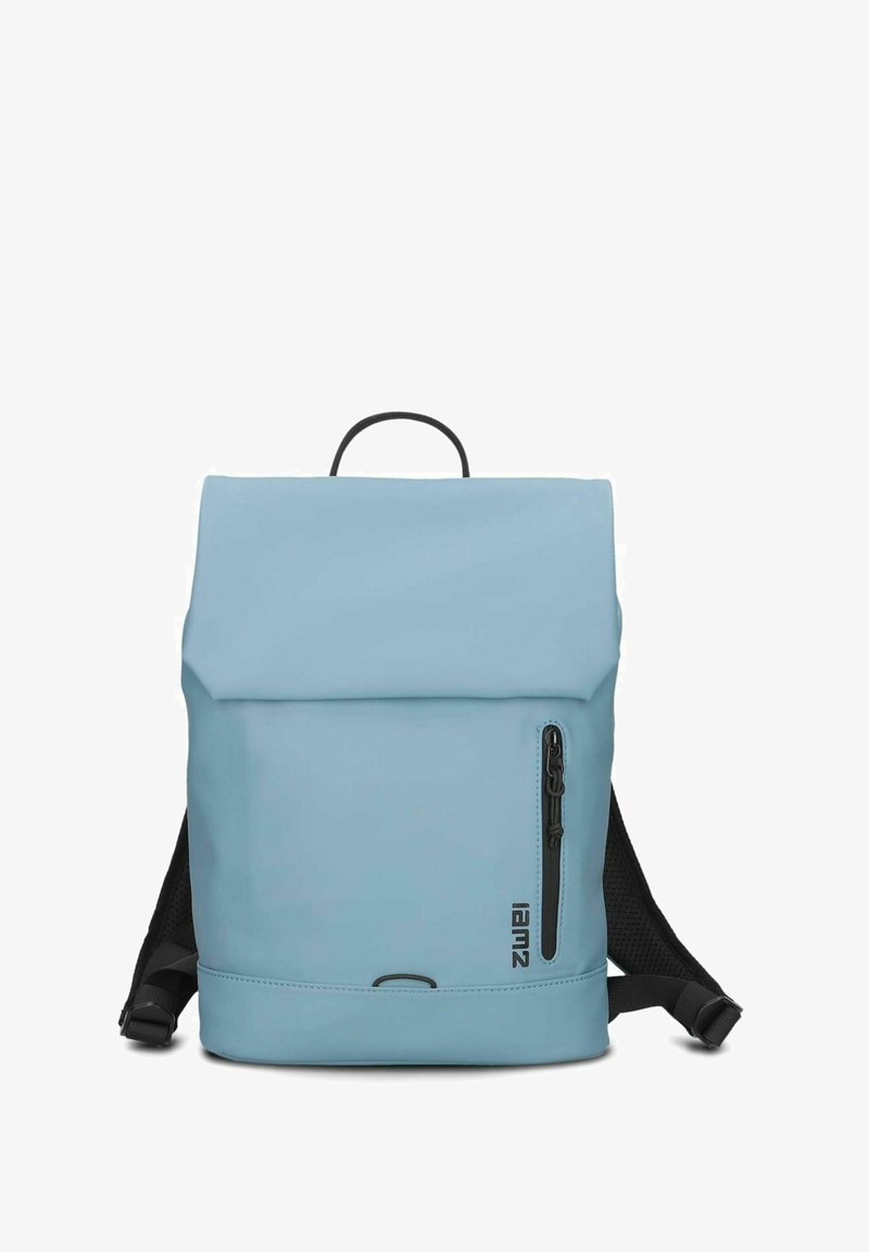 Light blue backpack made of waterproof material with a roll-top design, side zipper pocket, and black shoulder straps.