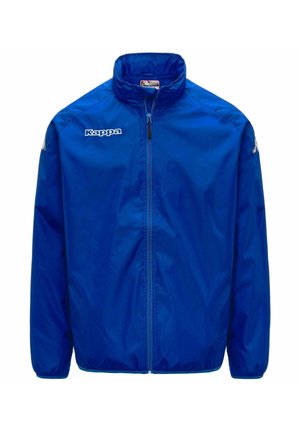 Blaue Kappa Sportjacke mit durchgehendem Frontreißverschluss, Stehkragen, elastischen Bündchen und weißem Branding auf Brust und Ärmeln.