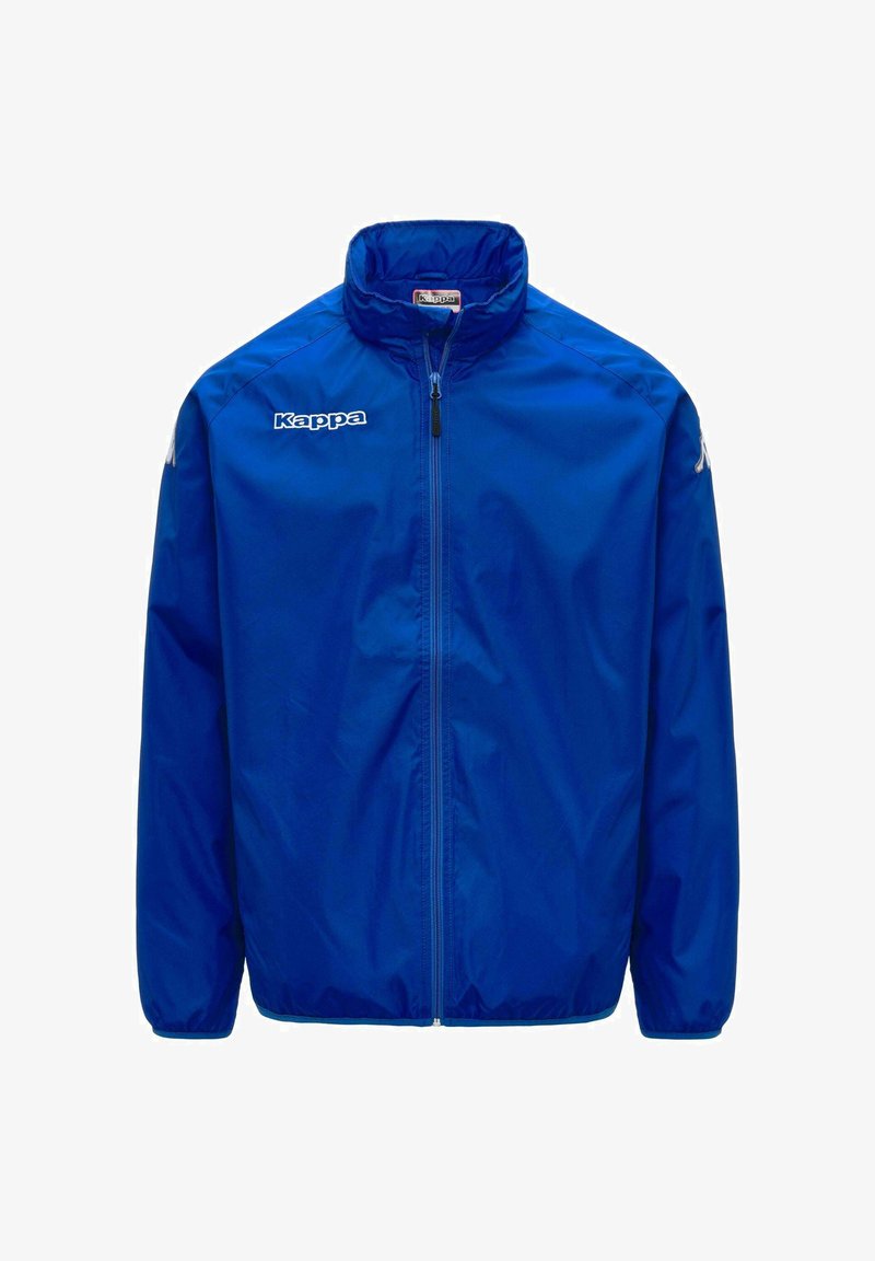 Veste de sport bleue Kappa avec fermeture éclair intégrale devant, col montant, poignets élastiques et marquage blanc sur la poitrine et les manches.