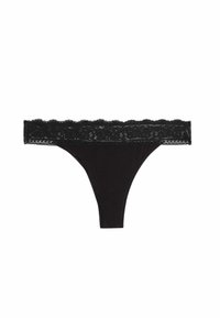 Schwarze Stringunterwäsche mit breitem floralen Spitzenbund, nahtlosem Vorderteil und niedrigem Schnitt.