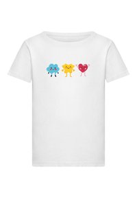 Hvid bomulds T-shirt med et grafik af tre farverige tegneseriefigurer: en blå sky, en gul stjerne og et pink hjerte, der alle smiler.