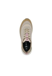 Beige und tan Sneaker mit Mesh- und Lederpaneelen, beigen Schnürsenkeln, pinken Ziehschlaufen und schwarzem Fußbett mit der Marke "SALAMANDER", Größe 37.