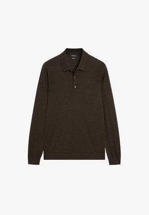 Long-sleeve polo shirt in dark brown fabric, featuring a classic collar, three-button placket, and ribbed cuffs. Simple design, no patterns.