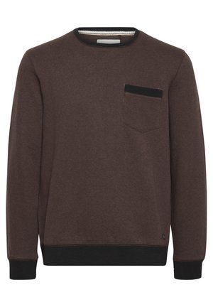 Brown crewneck sweatshirt made of soft fabric, featuring a black trim neckline, a single chest pocket, and ribbed cuffs and hem.