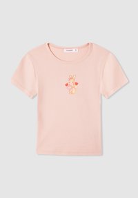 T-shirt rosa chiaro a maniche corte realizzato in morbido cotone, con una grafica di un coniglietto cartone dai contorni scuri e cuori.
