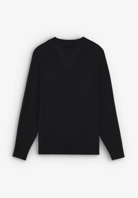 Pulover negru tricotat cu mâneci lungi, guler rotund și un finisaj ușor texturat. Dispune de un design minimalist, fără accente vizibile.