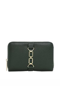 Portefeuille zippé en cuir texturé vert foncé avec détail chaîne ton or au centre avant et tirette assortie.