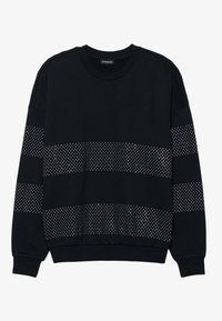 Felpa nera con collo a giro, caratterizzata da righe orizzontali di piccole borchie argentate sul petto e sulle maniche. Maniche lunghe e polsini a costine.