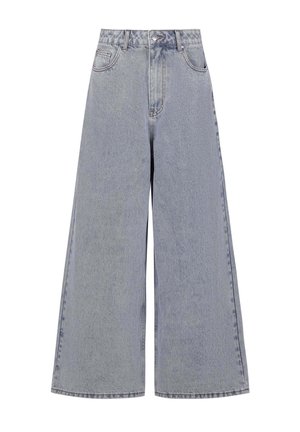 Light blue wide-leg jeans made of denim, featuring a high waist, four pockets, and a classic button closure with subtle fading.