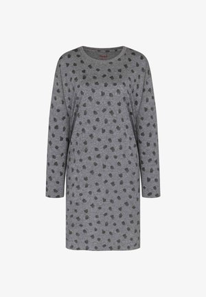 Gray long-sleeve dress made of soft fabric, featuring a round neck and scattered dark gray polka dots across the surface.