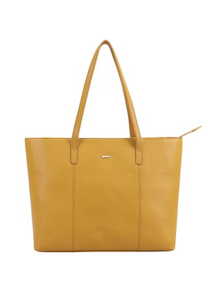 Mosterdgele leren totebag met twee lange handvatten, zichtbare stiksels en een klein metalen logo in het midden.