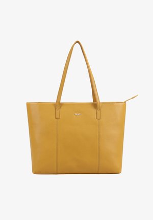 Mustard yellow leather tote bag with two long handles, visible stitching, and a small metal logo in the center.