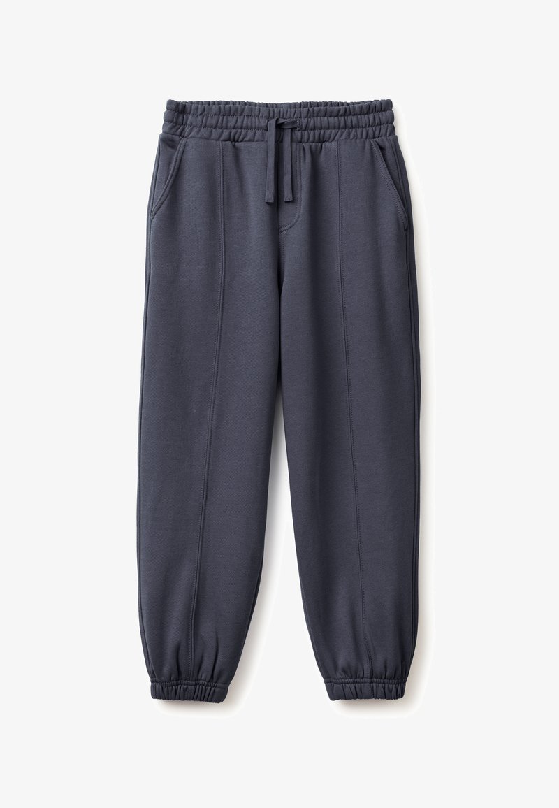 Ciemnoszare bawełniane spodnie dresowe z elastycznym pasem, sznurkiem ściągającym, bocznymi kieszeniami oraz elastycznymi mankietami na kostkach; gładka tekstura.