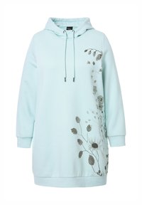 Felpa con cappuccio in azzurro chiaro, caratterizzata da un motivo floreale in tonalità argento su un lato. Realizzata in un tessuto morbido, presenta maniche lunghe e una vestibilità comoda.
