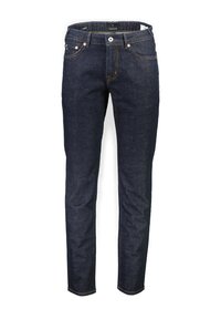 Granatowe dżinsy o slim fit, z złotymi szwami, zapinane na zamek błyskawiczny, z przednimi kieszeniami. Materiał ma gładką teksturę.