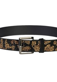 Cinturón negro y dorado con un centro texturizado y adornado que presenta brillantes tachuelas. Hebilla de metal plateado con un diseño clásico.