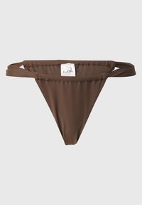 Brown bikini bottom made of smooth fabric, featuring thin side straps and a triangular cut, designed for a minimal coverage look.