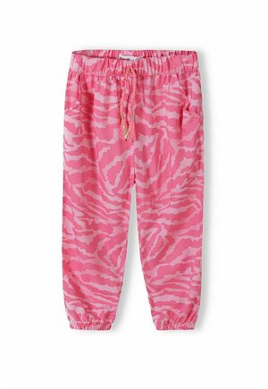 Joggingbukser med pink og lyserød zebraprint, elastisk talje, snøre, elastiske manchetter og sidelommer, vist på hvid baggrund.