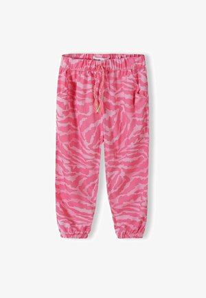 Joggingbukser med pink og lyserød zebraprint, elastisk talje, snøre, elastiske manchetter og sidelommer, vist på hvid baggrund.