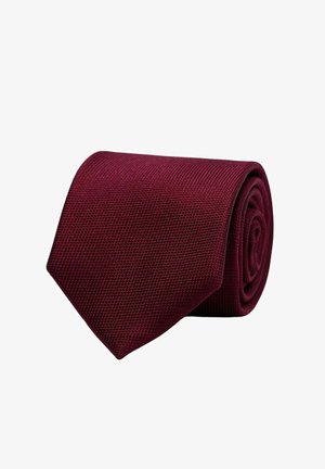 Burgundy slipsbind med et tekstureret, vævet mønster, tapered ende, pænt rullet med en glat overflade, der fremviser en rig farve og håndværk.