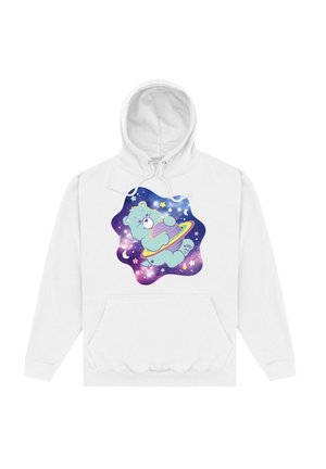 Biała bluza z kapturem z grafiką jasnoniebieskiego misia w kosmicznym wzorze, otoczonego gwiazdami i planetami, z kieszenią kangurzą.