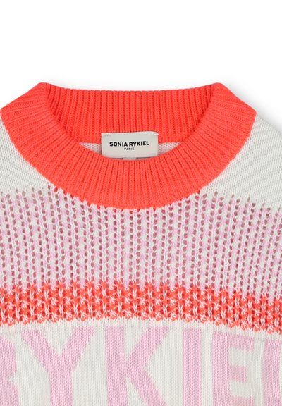 Knit sweater featuring a prominent coral ribbed collar, mesh-like white and pink texture, and the brand name "SONIA RYKIEL" displayed in light pink.