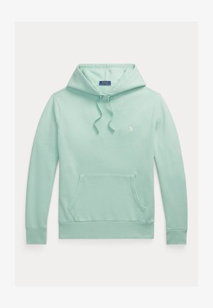 Ljus mintgrön hoodie i mjuk bomull med dragsko i huvan, framficka och en liten broderad logotyp på bröstet.