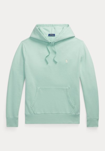 Světlá mátově zelená mikina s kapucí z měkké bavlny, vybavená šňůrkou na stažení kapuce, přední kapsou a malým vyšívaným logem na hrudi.