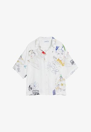 Košeľa s krátkym rukávom a gombíkmi z ľahkej látky. Má bielu základnú farbu s farebnými náčrtmi, vrátane tvárí a kvetinových motívov.