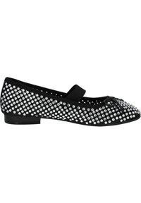 Bailarinas negras con un diseño tachonado y detalles en plata, con banda elástica, punta redondeada y tacón bajo. Superficie texturizada con un detalle de lazo.