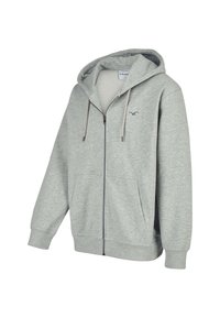 Grå zip-up hoodie med en mjuk textur, med en framficka och dragsko på huvan. Logotyp broderad på bröstet.