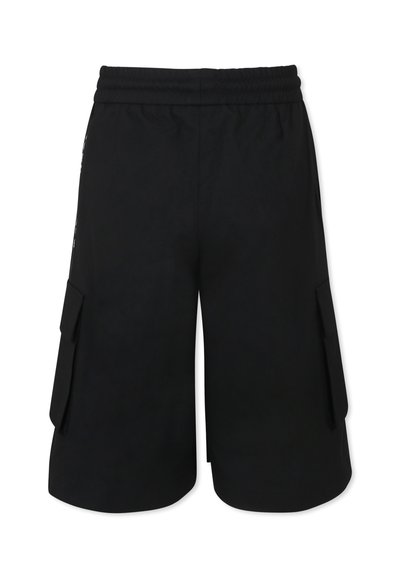 Pantaloni cargo neri con una cintura elastica, tasche laterali e una trama di tessuto liscia, caratterizzati da due tasche a toppa ai lati.