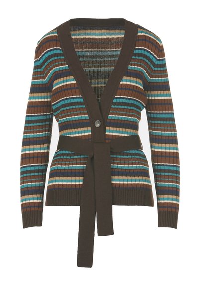 Črtasti kardigan v rjavih, modrih in bež odtenkih. Ima V-izrez, rebrasto teksturo, zapiranje na gumb in zavezan pas.
