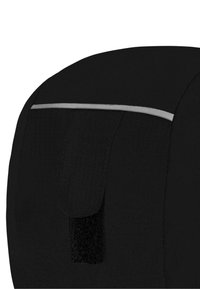 Schwarzes Textilprodukt mit glatter Oberfläche, reflektierendem Streifen und einem Klettverschlussdetail auf der Rückseite zur Befestigung.