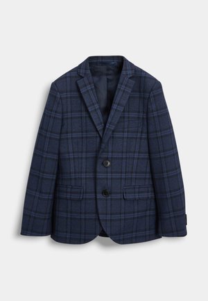 Blazer à carreaux marine en tissu texturé, avec deux boutons noirs, revers crantés et deux poches avant. Intérieur doublé pour un confort accru.