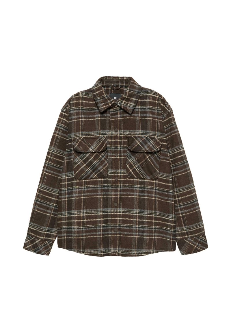 Brunternetternet flannel skjorte med to brystlommer, der har en knaplukning foran, lange ærmer og et klassisk kravedesign. Blød tekstur.