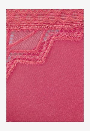 Coral pink fabric featuring intricate lace trim with geometric patterns, soft texture, and decorative stitching along the edges.