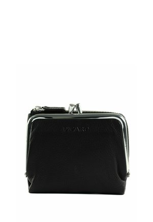 Porte-monnaie en cuir texturé noir avec armature métallique argentée et fermoir, fermeture éclair sur le dessus, nom de la marque « PICARD » embossé à l'avant.