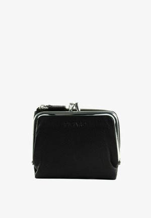 Black textured leather coin purse with silver metal frame and clasp, zipper on top, brand name "PICARD" embossed on front.